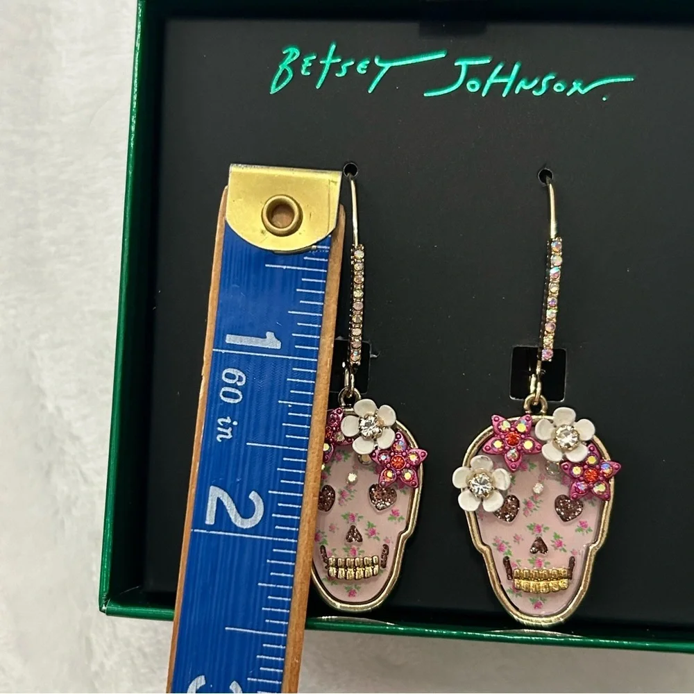 Betsey Johnson Sugar Skull Drop Earrings Rhinestone Floral NWT